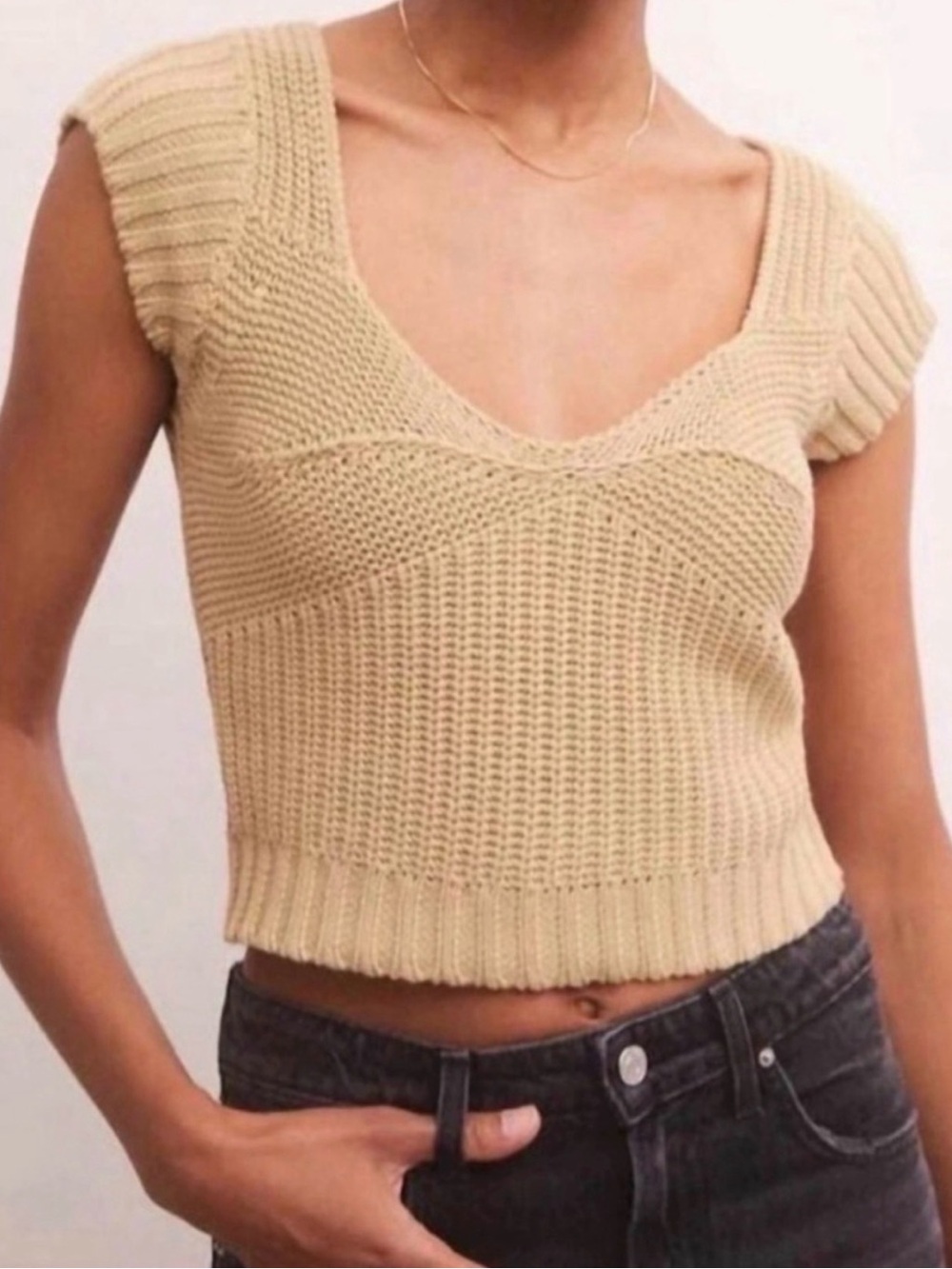 Z SUPPLY Prim Cropped Knit Sweater Tan Light Brown Short Sleeve Large Excellent - Picture 3 of 6